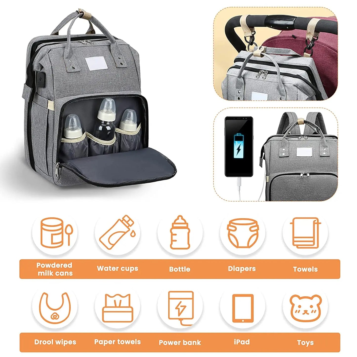 Tim-Jane Sac pliable pour maman avec lit bébé – Sac à dos à couches grande capacité à double bretelles avec rangement pour biberons