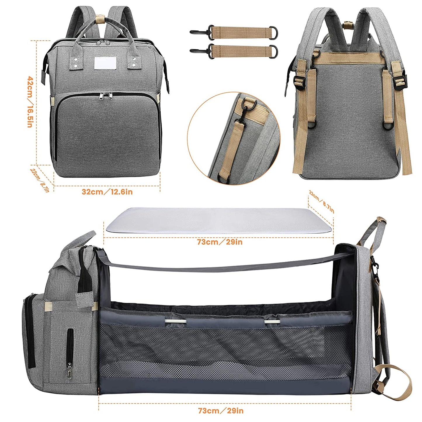 Tim-Jane Sac pliable pour maman avec lit bébé – Sac à dos à couches grande capacité à double bretelles avec rangement pour biberons