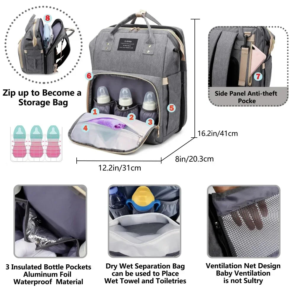 Tim-Jane Sac à dos pliable pour maman avec lit bébé intégré – Grand sac à langer et de maternité portable pour soins de nouveau-né